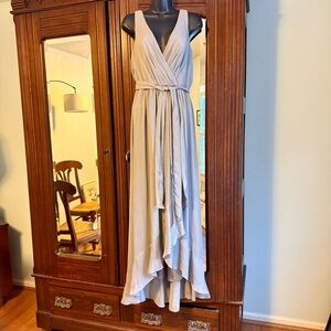 David’s Bridal soft gray full length dress.